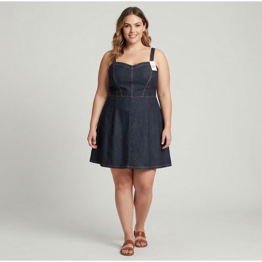 Ashley Stewart Denim Dress Womens 22 Blue Sweetheart Neck Contrast Stitch NEW